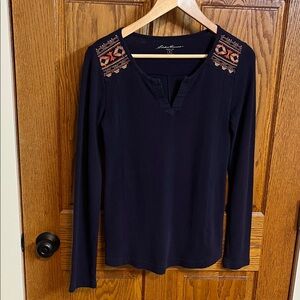 Eddie Bauer Women's Navy Long Sleeve Top with Embroidered Accents